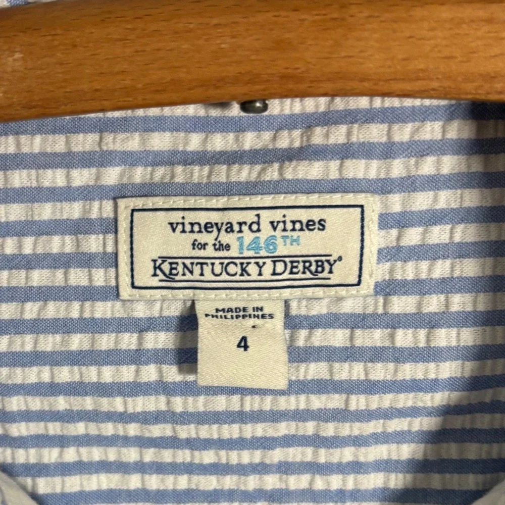 Vineyard Vines Blue and White Striped Sleeveless Shirt Dress with Pink Bow - Picture 5 of 15